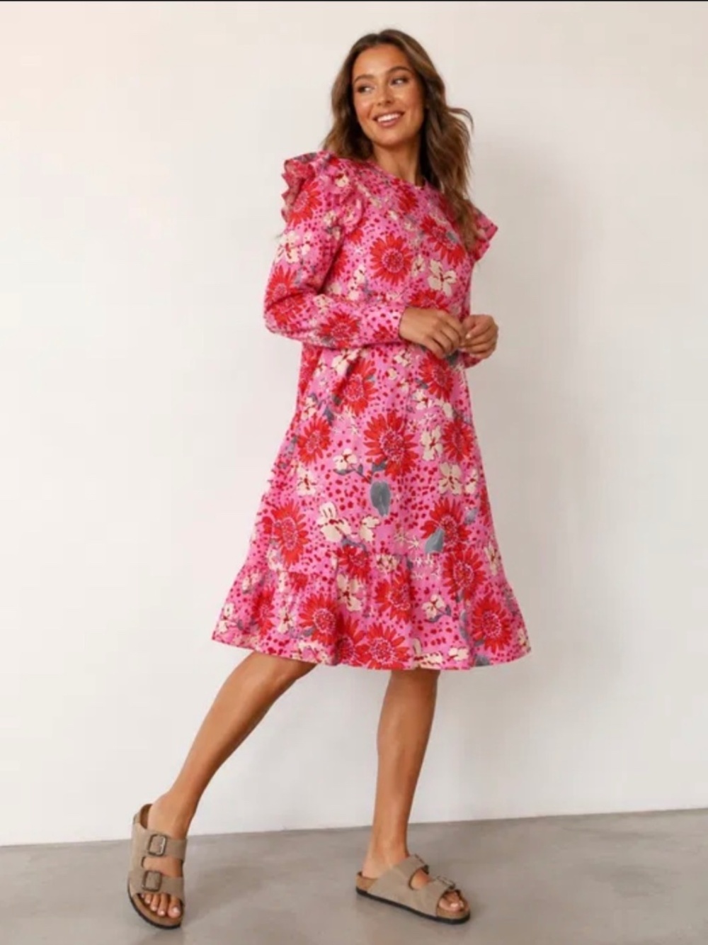 Pink long-sleeve mini dress vibrant red and cream floral print